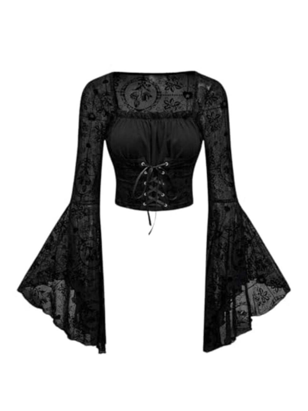 Goth Bell Sleeve Lace-Up Waist Crop Top Floral Mesh Rave